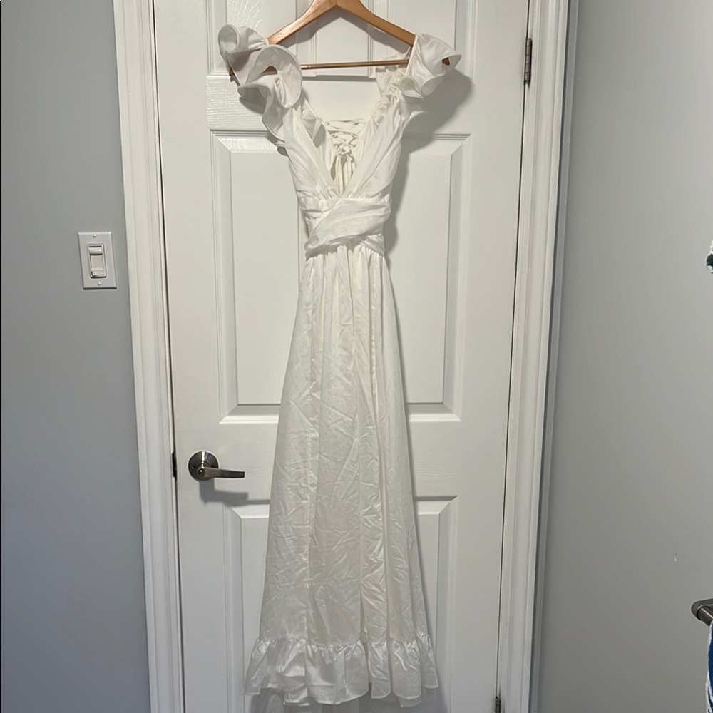 Storia Cream Off-the-Shoulder Flutter Sleeve Maxi Dress